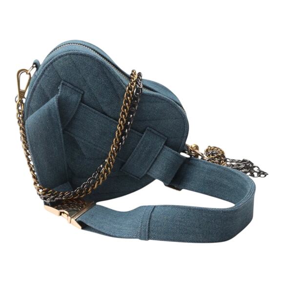 Fashion Statement Womens Crossbody Bag Denim Heart Shape Pewter Gold Chain Strap - Picture 11 of 16